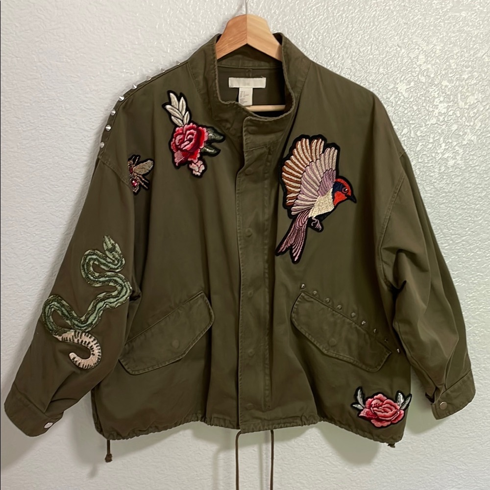 H&M Green Utility Jacket with Embroidered Floral Designs